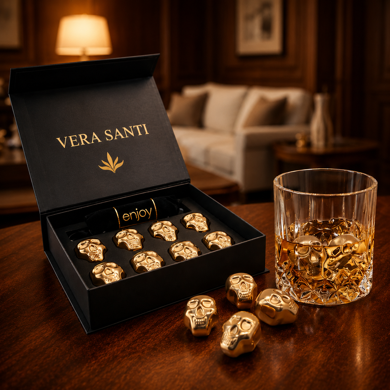 Premium Golden Skull Whisky Stones (Set of 8)