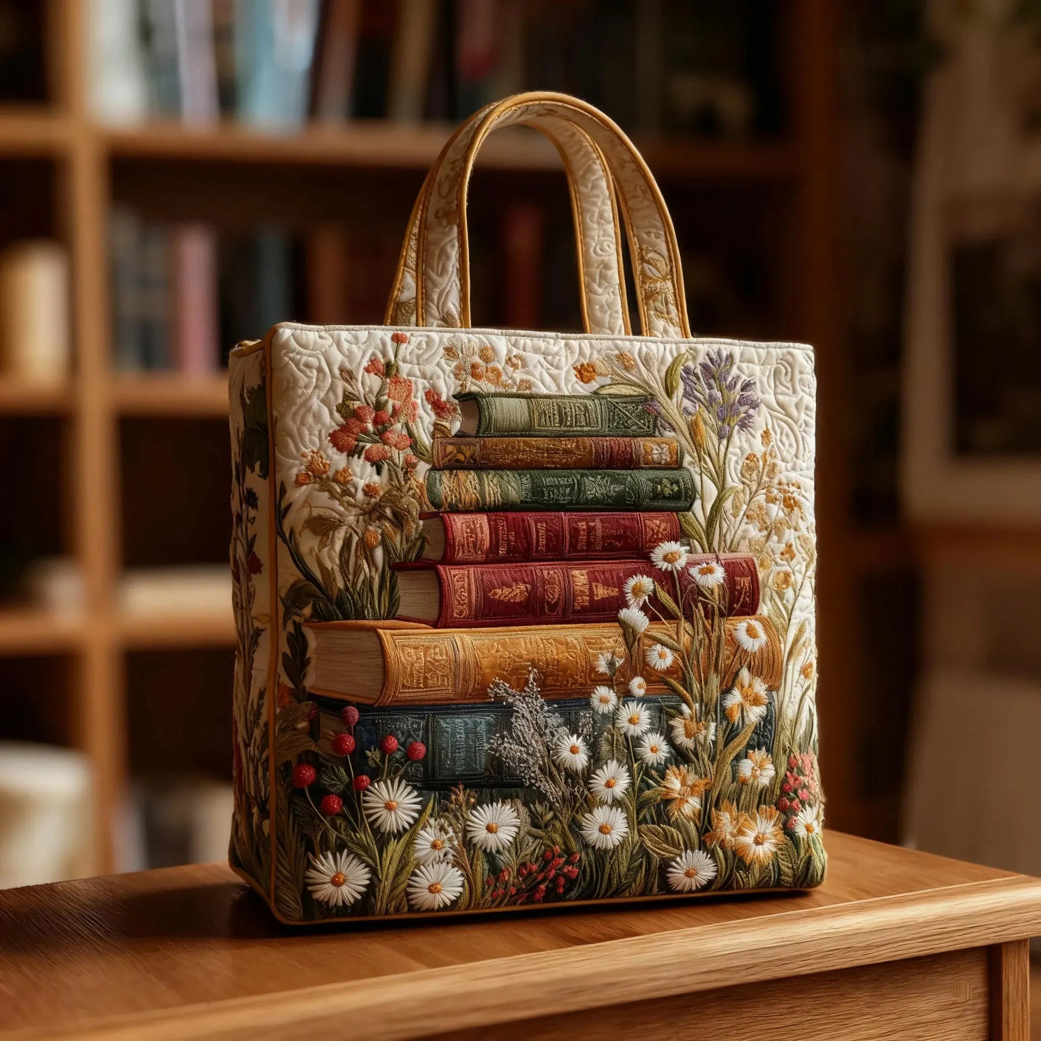 Floral Scroll Quilted Tote Bag - Artistic Design
