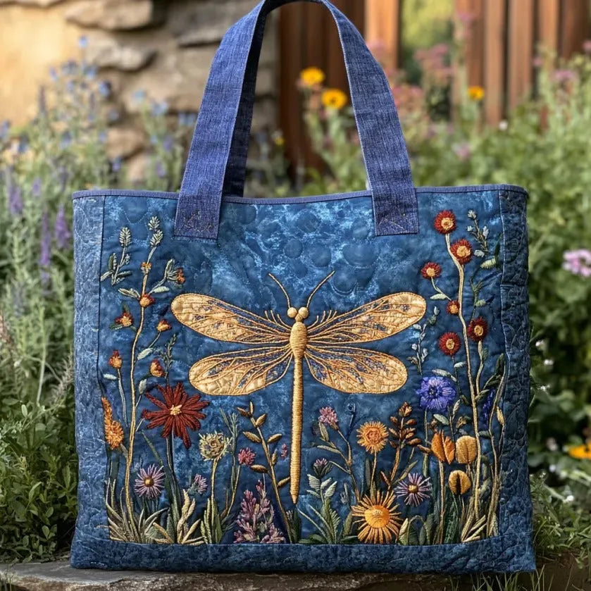 Embroidered Golden Dragonfly Quilted Bag