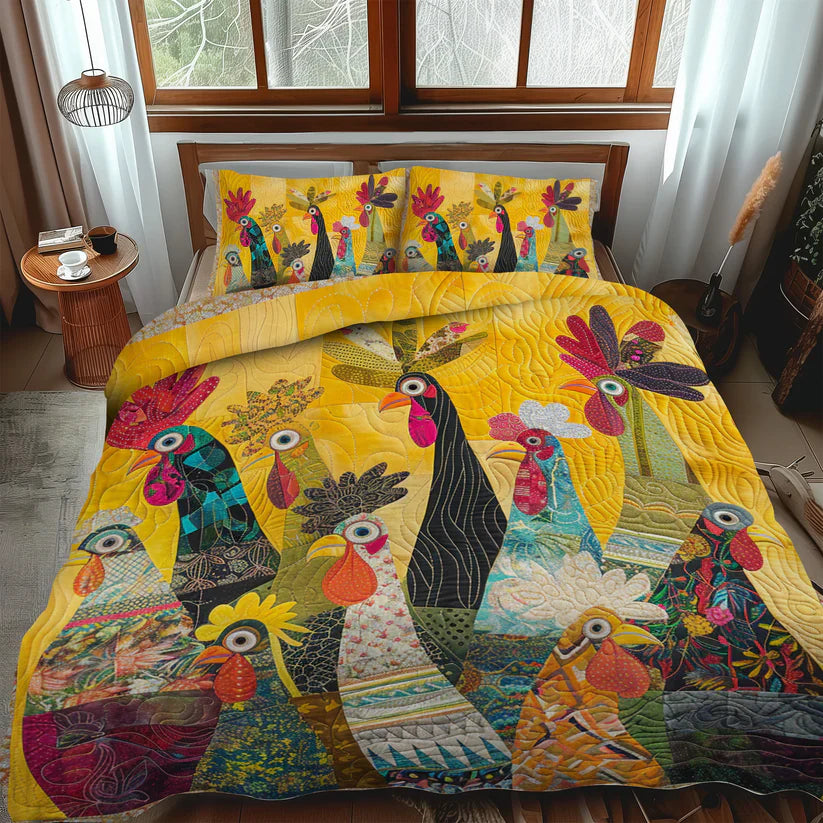 Roosters of Dawn 3-Piece Quilted Bedding Set