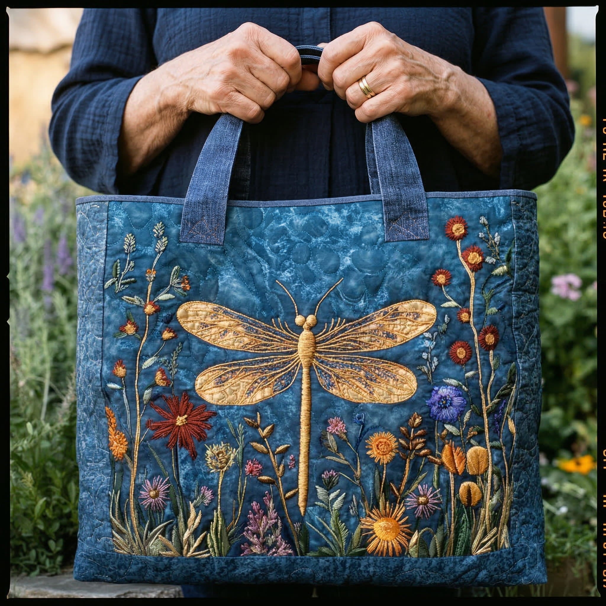 Embroidered Golden Dragonfly Quilted Bag