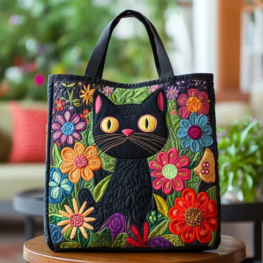 Enchanting Quilted Tote Featuring a Black Cat Design