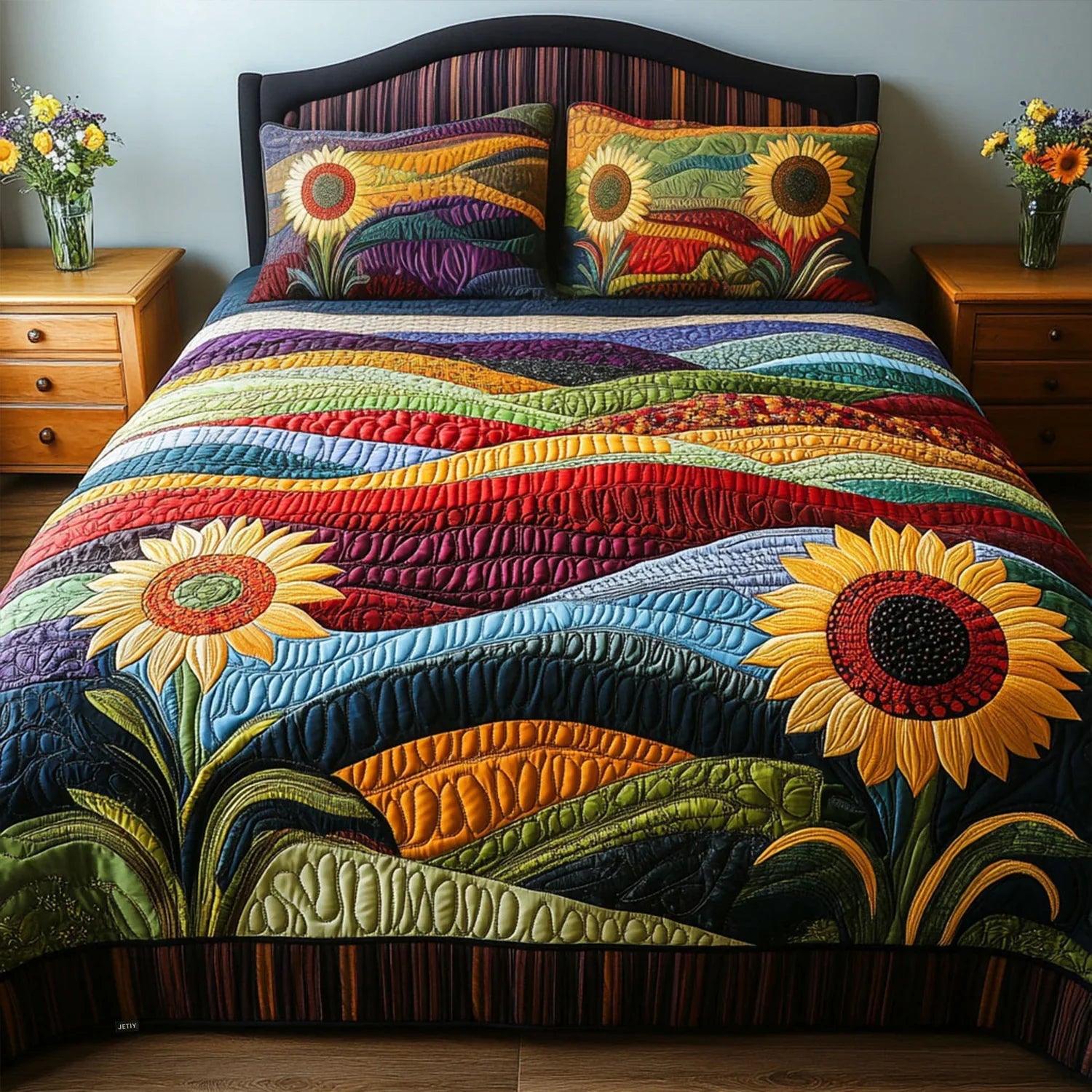 Sunflower Dreams in the Field - 3-Piece Quilted Bedding Set