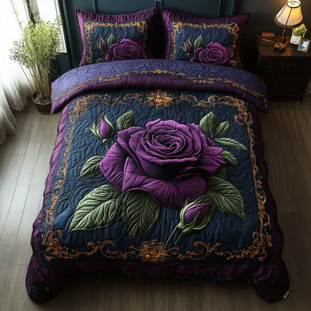 Purple Pink 3-Piece Quilted Bedding Set