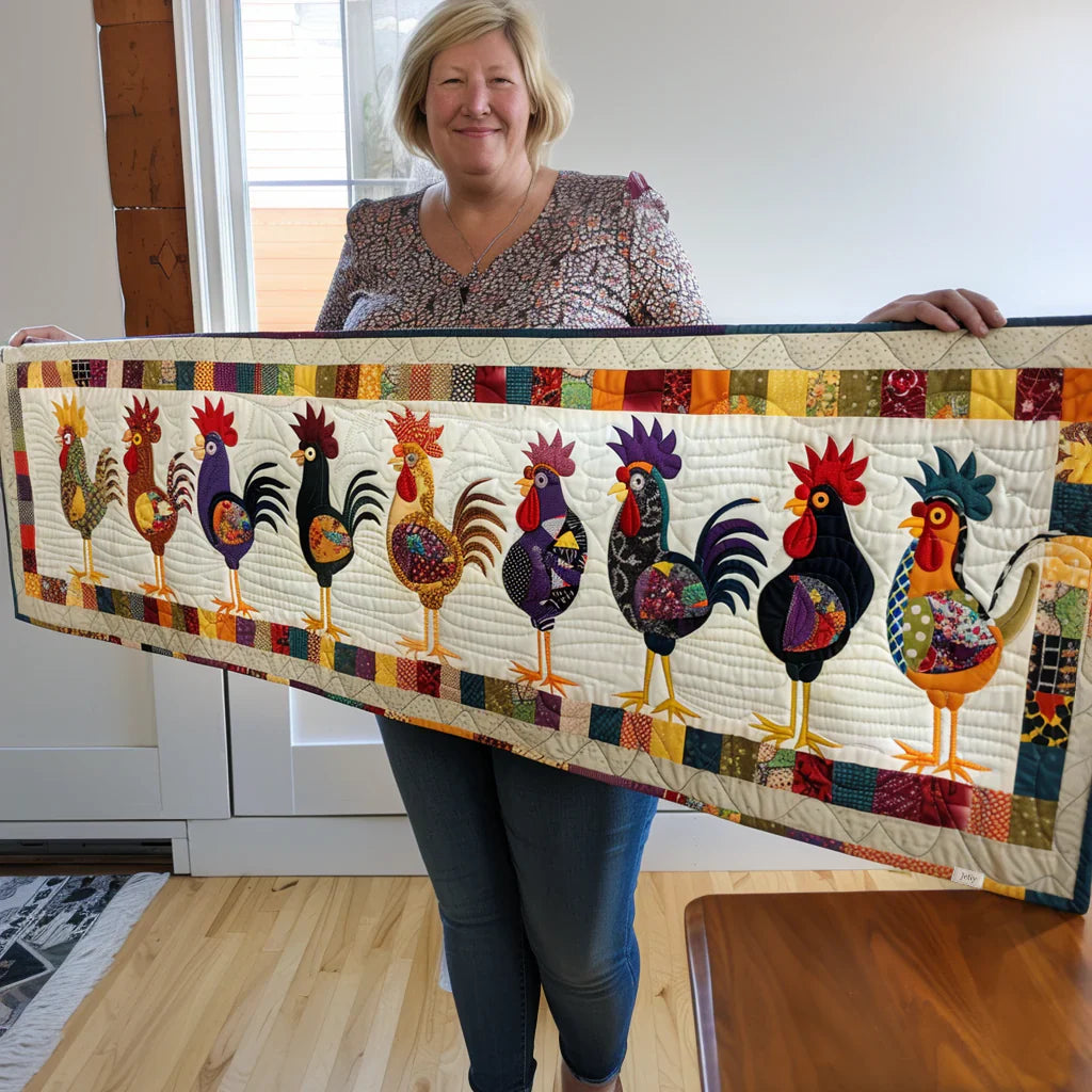 Rooster Parade Quilted Table Runner