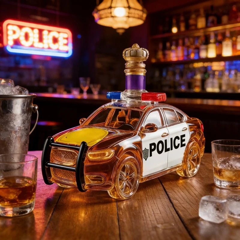 Police Car Shaped Glass Whiskey Decanter with Crown Stopper Unique Liquor Dispenser