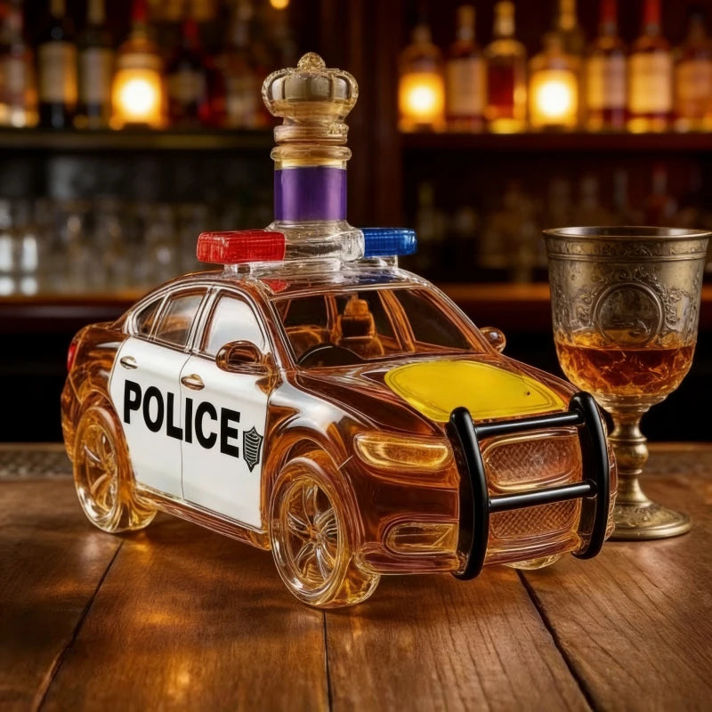 Police Car Shaped Glass Whiskey Decanter with Crown Stopper Unique Liquor Dispenser