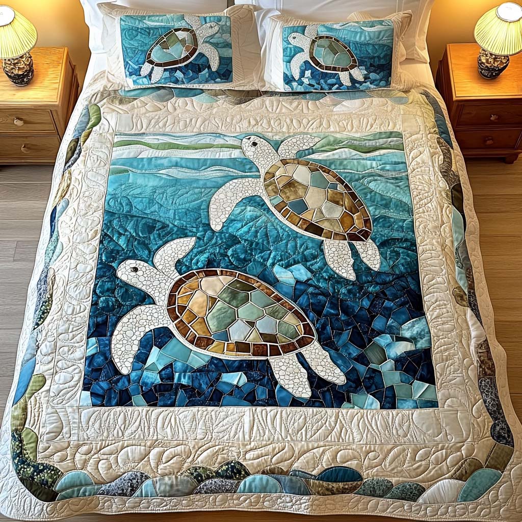 Turtle-Themed 3-Piece Quilted Bedding Set