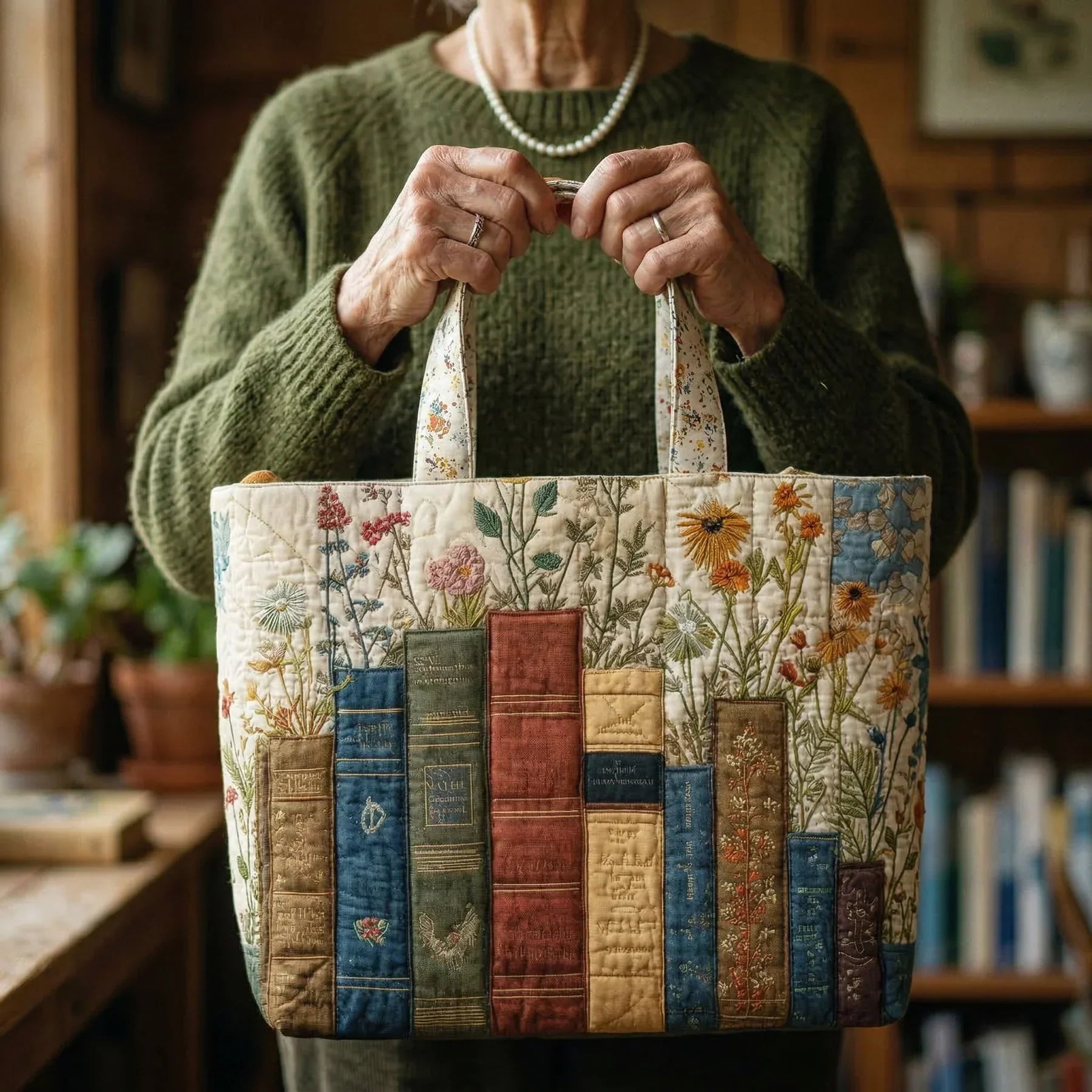 Artisan Quilted Bag - Floral and Literary Design