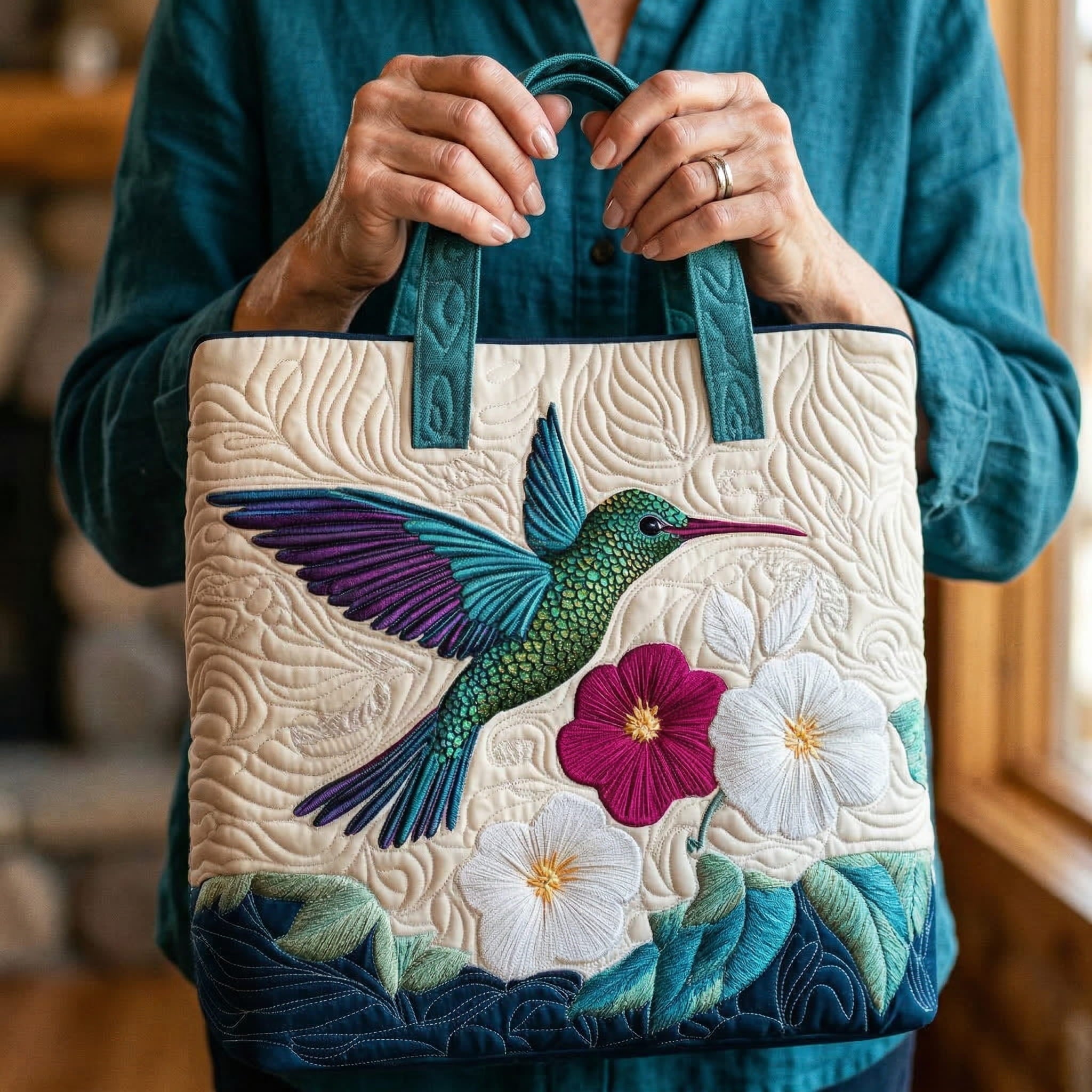 White Floral Quilted Tote Bag