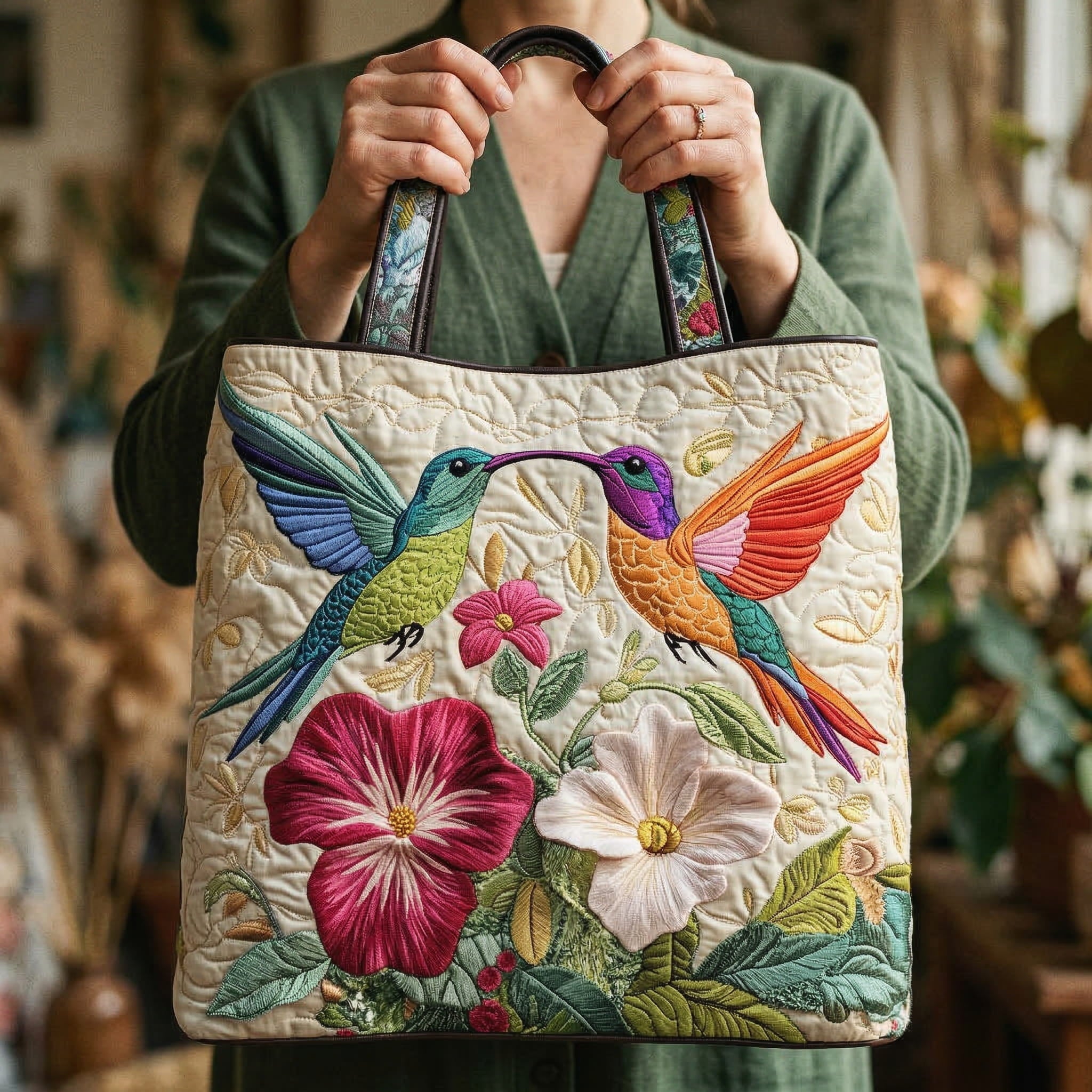 Quilted Hummingbird Tote Bag