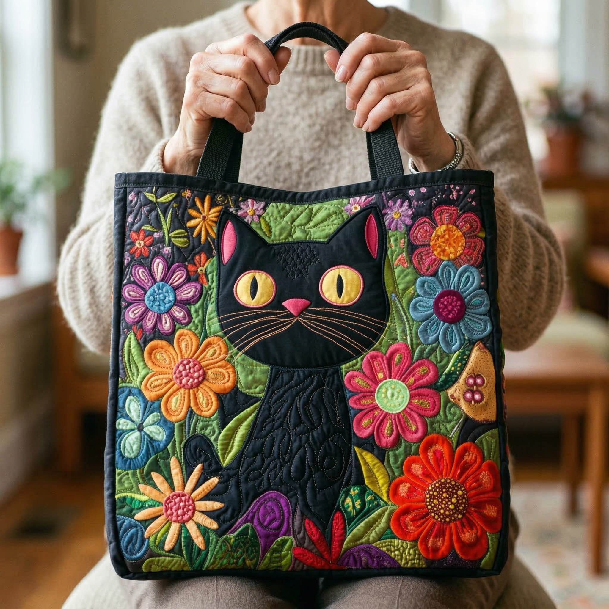 Enchanting Quilted Tote Featuring a Black Cat Design