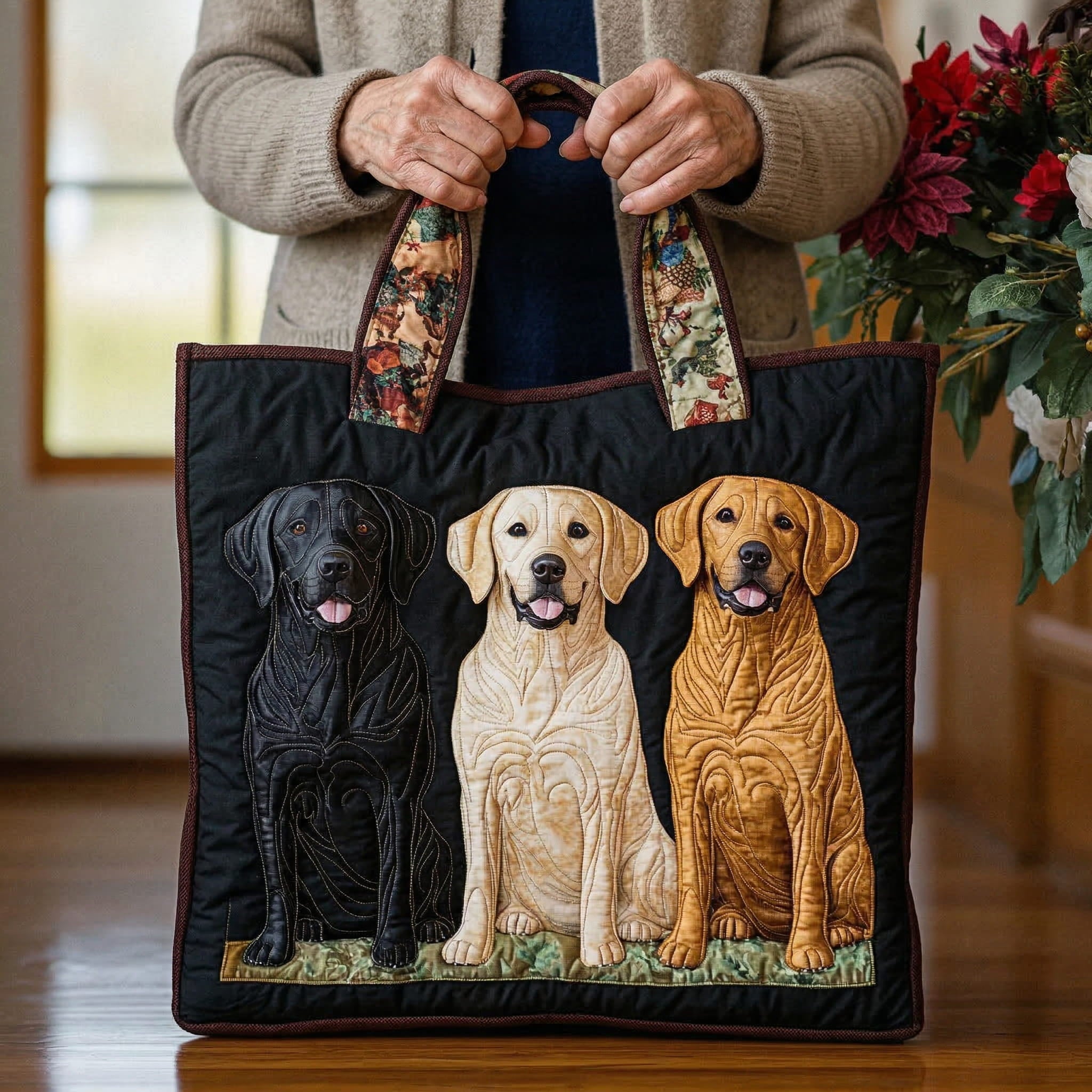 Handcrafted Bag Featuring Three Labradors